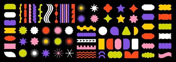 Trendy brutalism colorful Y2K shapes. Minimal abstract geometric elements, in the Bauhaus style. Collection of colorful shapes and shapes on a black background vector