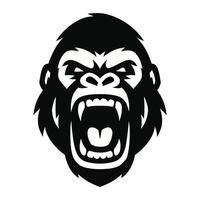 Black and white illustration of a gorilla head, mouth open wide in a roaring expression. vector