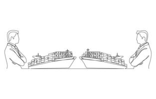 Continuous one line drawing of two leaders with their massive container ships facing each other, trade war, international trade concept, single line art vector