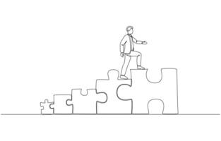 Continuous one line drawing of businessman stepping up to big puzzle piece, career growth, self development to become important part of organization concept, single line art vector