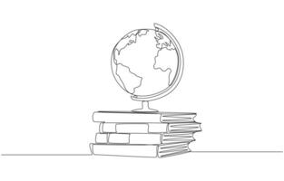 Continuous one line drawing of earth globe on book stack, world of knowledge concept, single line art vector