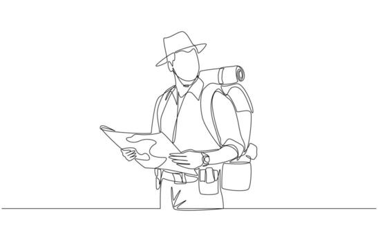 Continuous one line drawing of forest ranger carrying backpack and holding map, protection of the wildlife reserve, preventing deforestation concept, single line art vector