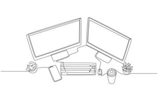 Continuous one line drawing of dual pc monitors, keyboard, smartphone, water bottle, pots with small plant from top view, office desk concept, single line art vector