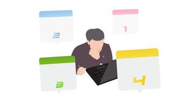 Animation of a male character in front of a laptop Square animation of the work process. Step-by-step organization with free space for adding text. video