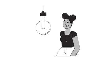 Clap to activate smart light bulb doodle outline animation. Gesture-based IoT control. Black woman with sound-responsive lightbulb animated sketch 2D concept isolated on white. 4K motion graphic video