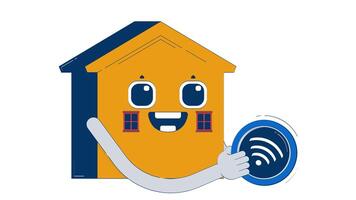 Cute smart home character with Wi-Fi connectivity doodle animation. Happy house wifi signal. IoT-powered household mascot animated 2D flat cartoon concept, white background. 4K motion graphic video