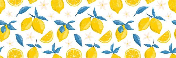 Hand drawn set of colored crayon of lemons on a branch. Leaves and flowers of citrus fruits. Italian summer seamless pattern in Mediterranean vintage style vector