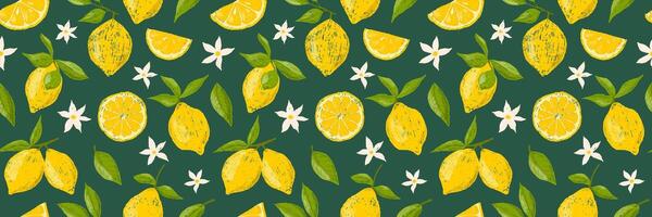 Hand drawn set of colored crayon of lemons on branch. Leaves and flowers of citrus fruits. Italian summer seamless pattern in Mediterranean vintage style vector