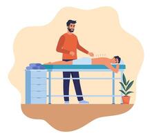 Man Applying Acupuncture Therapy in Spa Salon. Therapist Inject Needles in man Back. Chinese needle alternative medicine and treatment. Illustration. vector