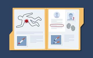 Opened crime investigation file folder. Evidence file folder. Crime scene photo, suspect silhouettes, fingerprints, other evidences. Police report, criminal case. vector