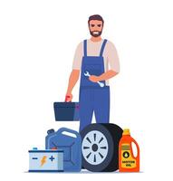 Man mechanic with a toolbox. Guy character in uniform with wrench in his hand. Auto service accessories composition with tool kit, gasoline canister and battery. illustration. vector
