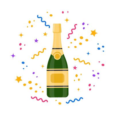 Champagnes party elements. Champagne bottle explosion, serpentine ribbons, confetti and glasses with sparkling wine