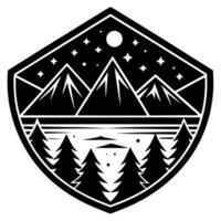 Black and white mountain lake scene forest under starry night vector