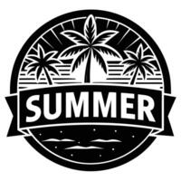 Black and white summer beach scene with palm trees illustration vector