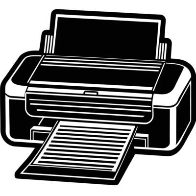 Black and white printer with paper output office equipment illustration