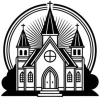 Silhouette illustration of a church building with cross and sun rays vector