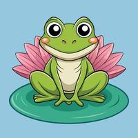 Cute cartoon frog sitting on a lily pad with pink lotus vector