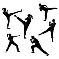 Martial arts training silhouettes kicking and punching in black and white vector
