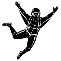 Skydiver in black jumpsuit with helmet and arms extended flat. vector