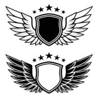 Winged shield emblems with stars black and white graphics set vector