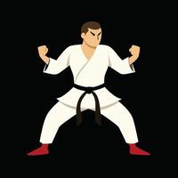 Karate practitioner in fighting stance with white gi and black belt vector
