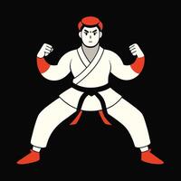 Karate fighter posing isolated on black background minimalistic illustration vector