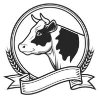Cow head silhouette with wheat ears and ribbon banner illustration vector