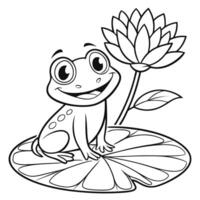 Smiling frog on lily pad with water lily flower outlined vector
