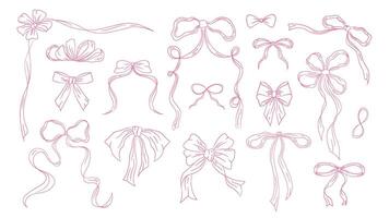 Set of vintage bows in coquette style, retro ribbons outline. Whimsical ribbons, bows on white background. elements vector