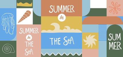 Summer geometric banner background with shell,jellyfish. graphic for horizontal design vector