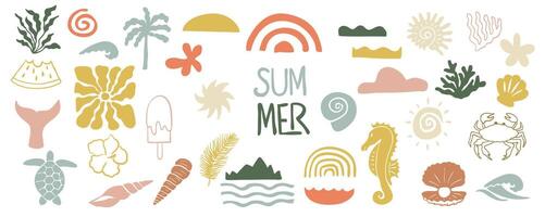 summer groovy icon with rainbow,seahorse,turtle for kid design vector
