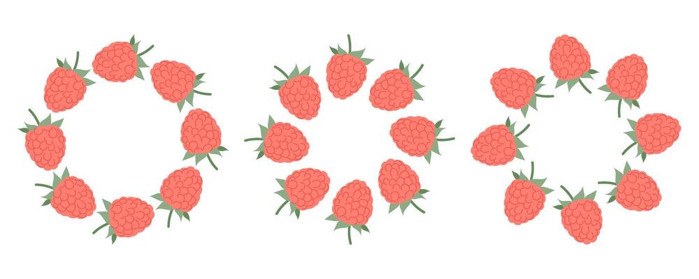 Cute raspberry frames. Collection of round berry borders for design and decoration. For invitations, food packaging, summer cards and natural product branding.