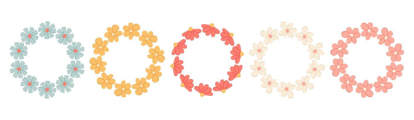 Cute flower frames. Set round floral borders for design and decoration. For invitations, packaging, spring or summer cards.