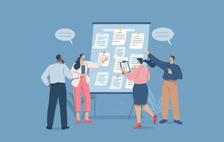 Business team brainstorming and discussing ideas in conference room with sticky notes on whiteboard, Seminar to generate ideas for business success. Flat illustration. vector