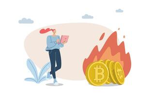Burning or destroying cryptocurrency coins, Permanently reducing the number of coins removed from circulation, Adding value to a digital currency, Female investor burns burning bitcoins. vector
