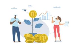 Bitcoin and cryptocurrency growth, Value Bitcoin savings or investments that generate growing profits, Investors with new innovative investment options, Flat design illustration. vector