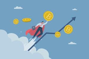 The growth of the price of cryptocurrency, Bitcoin, Increased value of virtual currency, Blockchain tech, Investors hold Bitcoin coins soaring into the sky, breaking through the clouds. vector