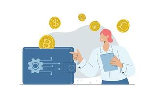 Bitcoin digital wallet, Cryptocurrency transactions and online banking, Buying digital currency on tablets, Digital currency wallet technology, Flat design illustration. vector