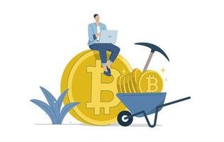 Bitcoin mining and blockchain technology, Process by which new Bitcoins are created in the system, New financial innovation, Male investor sits on bitcoin watching cryptocurrency mining. vector
