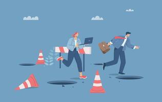 The traps business of organization or company, Avoiding obstacles, Business team running through pits and barriers to business success, Organization skills and capabilities to achieve victory. vector