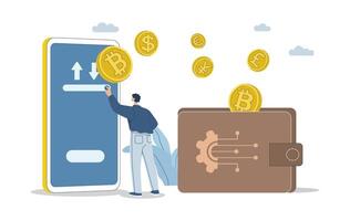 Bitcoin digital wallet, Cryptocurrency transactions and banking on smartphone, Buying digital currency on mobile phone, Digital wallet technology, Flat design illustration. vector