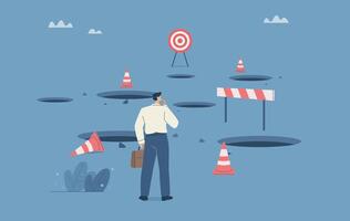 Business obstacles, pitfalls, Analysis of ways to avoid business failure, Risk of economic crisis, Businessman thinking of solving many traps and obstacles ahead, Flat design illustration. vector