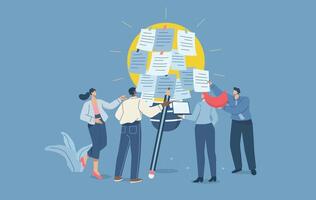 Brainstorming to gather and create new ideas, Corporate business workshop, Personal ideas written on sticky notes come together to form a big light bulb, Flat design illustration. vector