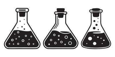 Three stylized science lab flasks with bubbling liquids vector