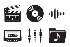 Collection of vintage music and film icons in a simple design. vector