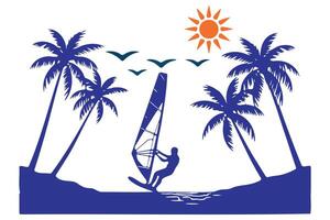 Windsurfing Silhouette Against Tropical Paradise vector