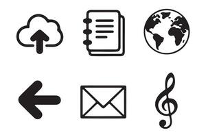 Simple black and white icons representing global communication and digital tools. vector