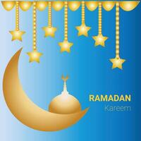 A beautifully designed Ramadan greeting card featuring golden Islamic elements such as a crescent moon, mosque dome, and hanging stars on a blue gradient background. vector