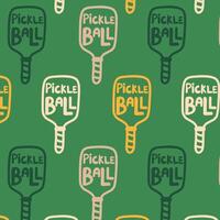 Seamless pickleball paddle pattern. Playful seamless pattern with colorful pickleball paddles on a green background, ideal for sports-themed designs and prints. vector