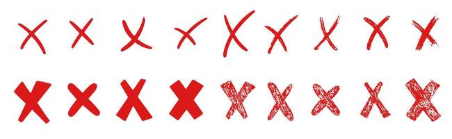 Cross signs doodle set. Check marks, Checkbox, checklist, strikethrough textured brush charcoal or marker hand drawn lines. Hand drawn illustration isolated on white background vector